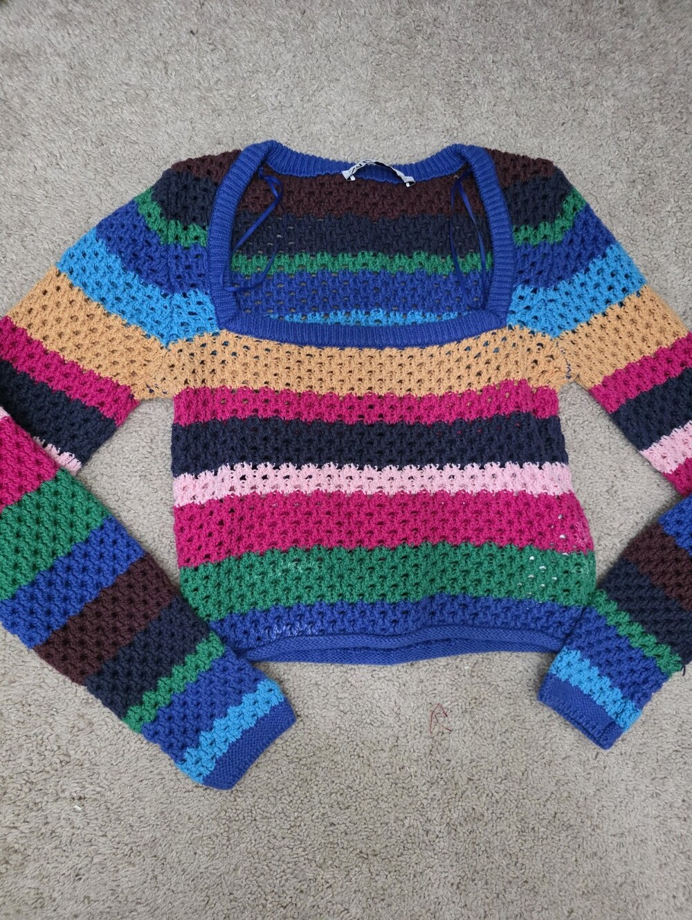 2x$22 Deal ​🌟 Zara Open-Knit Multicolor Crochet Striped Sweater. Size M. EUC